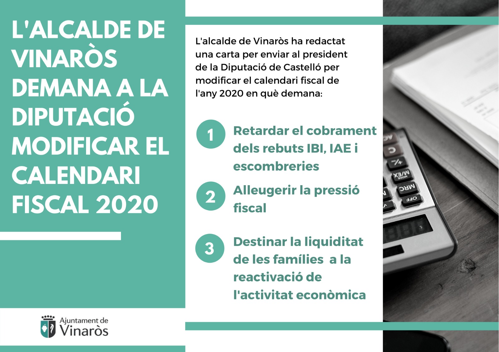 L’Ajuntament de Vinaròs demana a la Diputació modificar el calendari fiscal