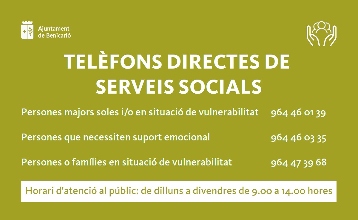 Serveis Socials de Benicarló habilita tres línies de telèfon directes per a atendre persones vulnerables