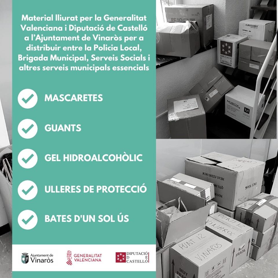 Generalitat i Diputació entreguen material sanitari de protecció a l'Ajuntament de Vinaròs