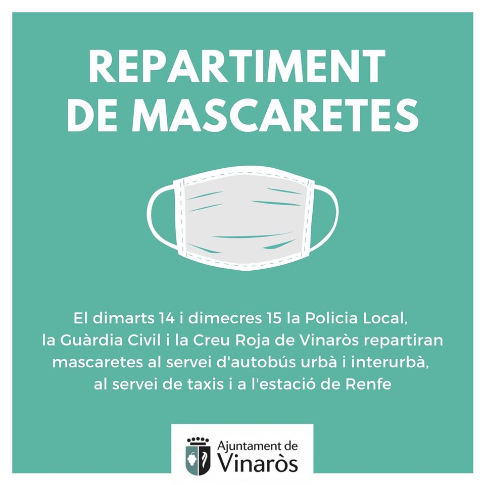 Dimarts i dimecres es repartiran a Vinaròs mascaretes en els serveis d'autobús, taxi i en l'estació de tren