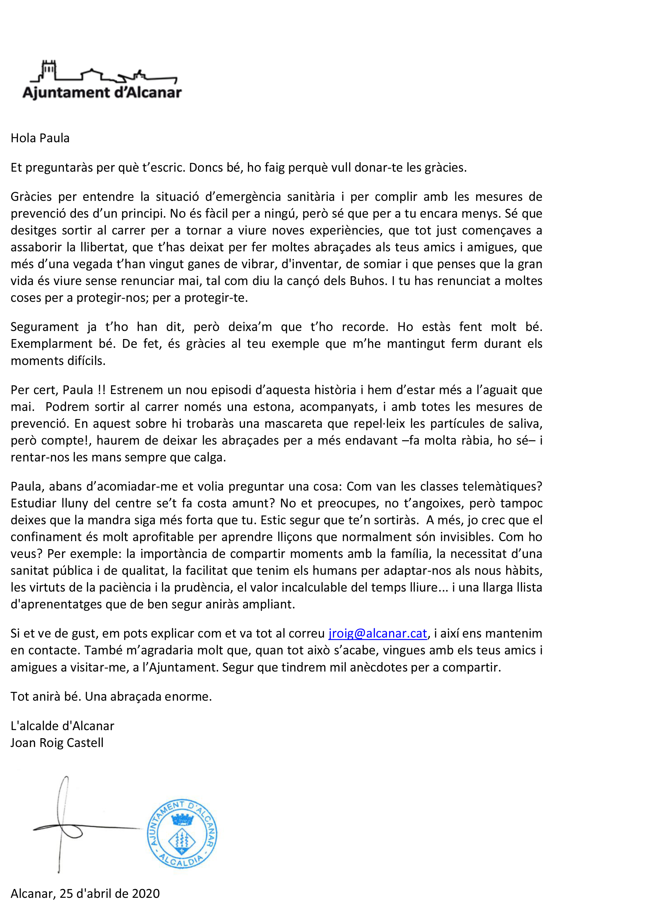 La carta de l'alcalde d'Alcanar als xiquets i xiquets que s'ha fet viral