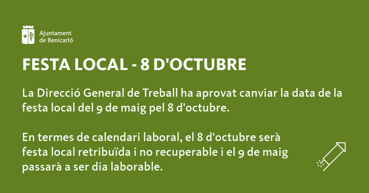 La direcció general de Treball aprova el canvi de la festa local de Benicarló del 9 de maig pel 8 d'octubre
