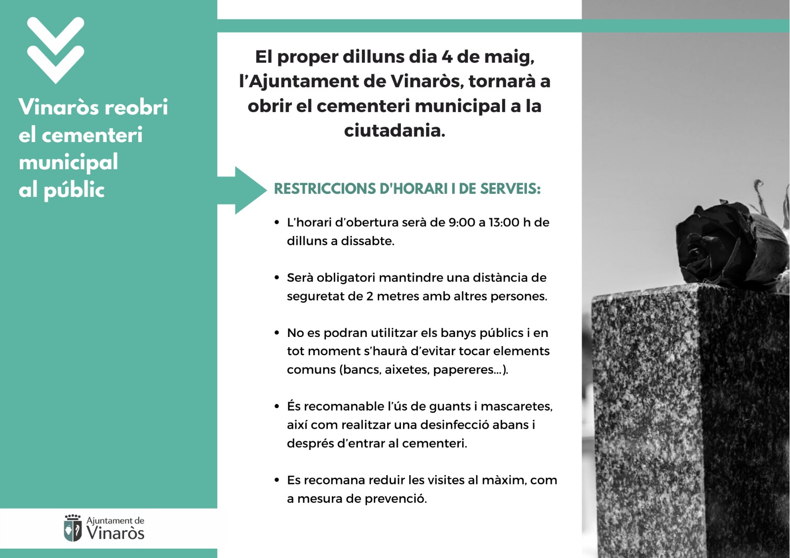 L’Ajuntament de Vinaròs reobrirà dilluns el cementeri municipal