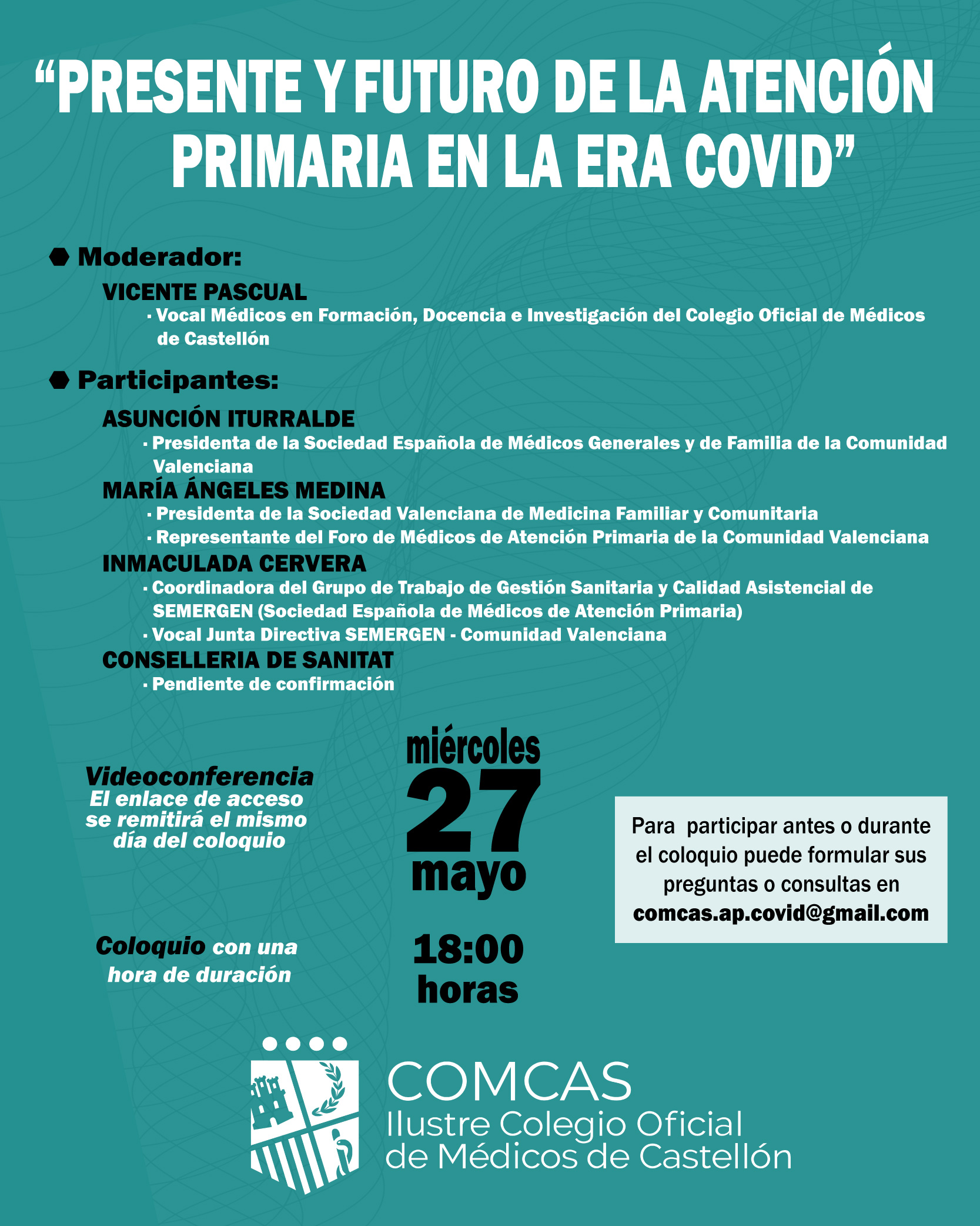 El COMCAS organitza un debat en línia sobre “Present i futur de l'Atenció Primària en l'era COVID
