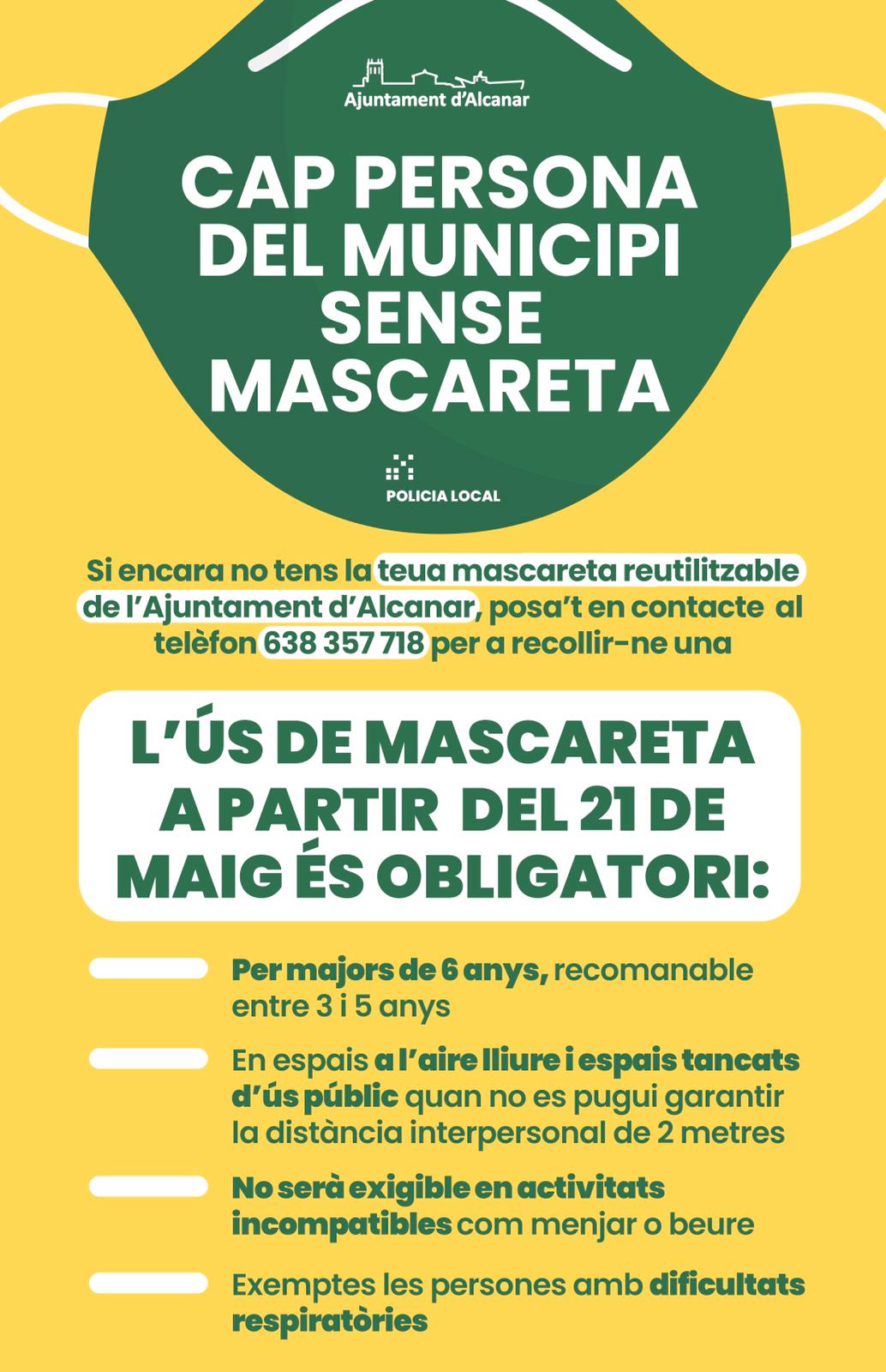 L'Ajuntament d'Alcanar proveirà de mascareta a totes les persones del municipi