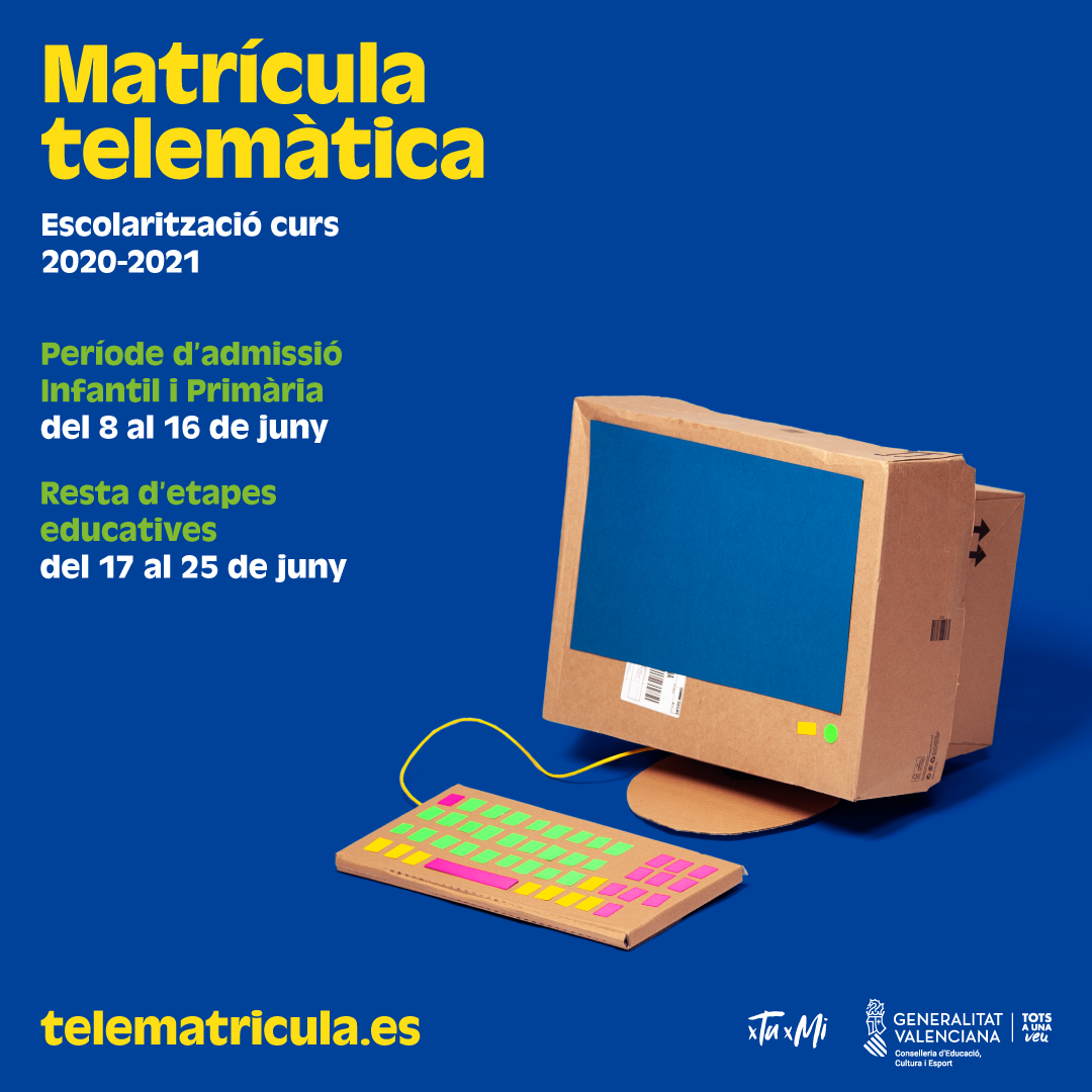 La Conselleria d'Educació activa el 8 de juny l'admissió telemàtica al web telematricula.es