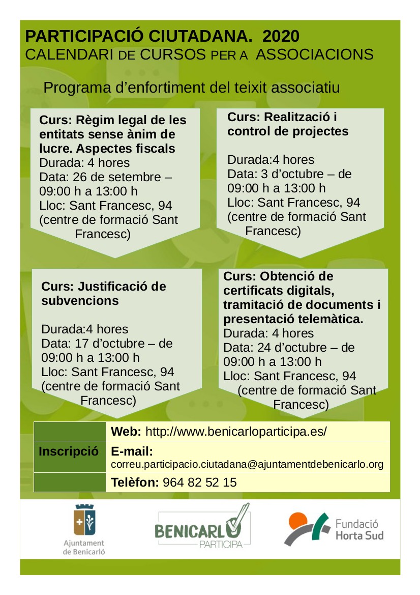La regidoria de Participació Ciutadana de Benicarló organitza 4 cursos de formació per a les entitats locals