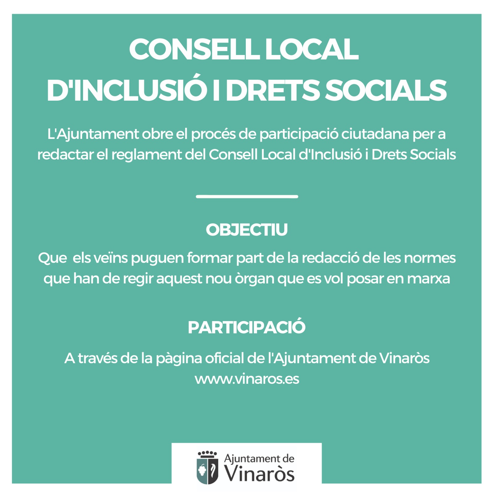 Vinaròs obre la participació ciutadana per a redactar el reglament del Consell Local d'Inclusió i Drets Socials